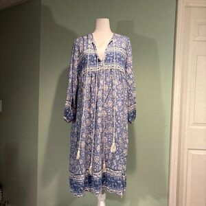 Blue Floral Boho Tassel Midi Dress long sleeve size 2XL